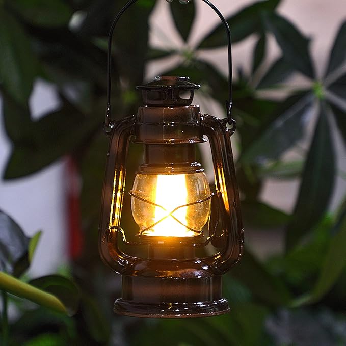 Hortsun 2 Pcs 8 Inch Vintage LED Hurricane Lantern Warm LEDs and Dimmer Switch Battery Operated Farmers Hanging Lantern for Indoor Outdoor Camping Usage Decor