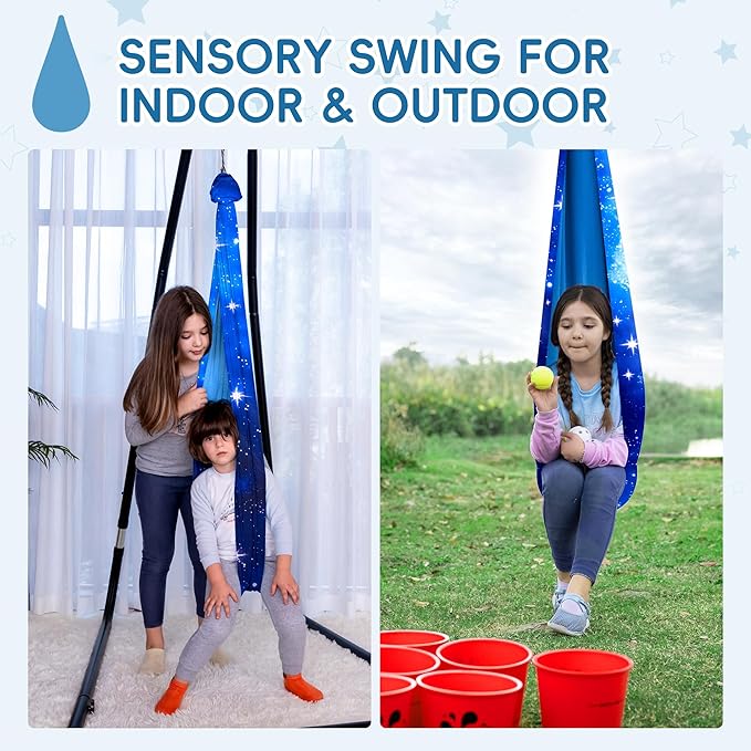 OUTREE Sensory Swing for Kids, Double Layer Therapy Hammock, Indoor Swing with 360° Swivel Hanger Kit and Adjustable Straps, Autism Sensory Product for Autism, ADHD (Blue Starry-Sky Printed)