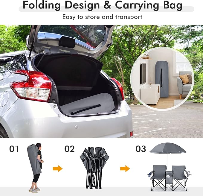 COSTWAY Double Portable Picnic Chairs, Folding Camping Chairs w/Detachable Umbrella, Cooler Bag, Cup Holders, Patio Beach Camping Chairs for Outdoors