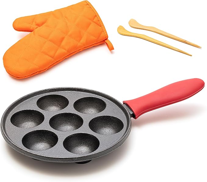 KUHA Cast Iron Aebleskiver Pan – Authentic Danish Pancake Maker for Aebleskiver, Poffertjes, Takoyaki, Appam, Kuli Paniyaram – Pre-Seasoned Cast Iron for Gas & Electric Stovetops & Campfire