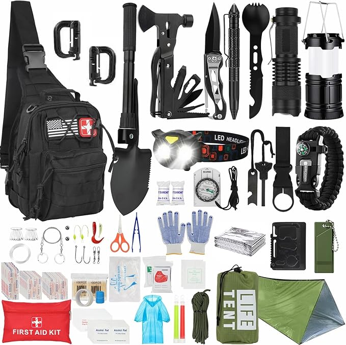 Survival Kit, 294 Pcs Survival Gear First Aid Kit with Molle System Compatible Bag and Emergency Tent, Emergency Kit for Earthquake, Outdoor Adventure, Hiking, Hunting, Gifts for Men Women