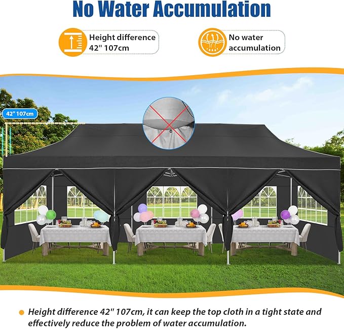 HOTEEL 10x30 Heavy Duty Pop up Canopy Tent for Parties with 8 Sidewalls, Easy Setup Outdoor Commercial Instant Gazebo for Wedding Event, with Portable Bag & Sand Bags, Black(Hexagonal Frame)