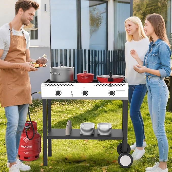 Bonnlo 3 Burner Propane Stove with Inginition, 225000BTU Gas Stove with Storage Shelf and Portable Rolling Wheels, Gas Burner for Outdoor Camping Patio Backyard Cooking Boiling Frying Stewing