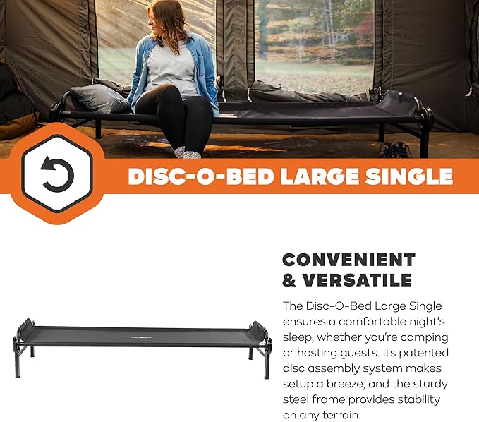 Disc-O-Bed Large Outdoor Modular 1 Person Single Camping Cot Portable Bed for Adults, Sleep Solution for Tents, Black