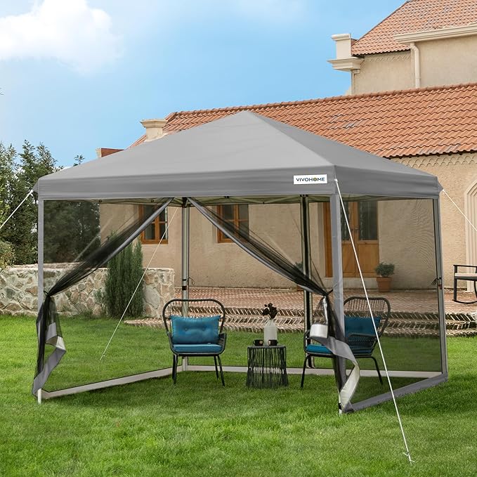VIVOHOME 10x10ft Easy Pop-Up Canopy, Outdoor Screen Tent with Mosquito Netting, 2 Zipper Doors, and Roller Bag for Yard Camping Picnic Party Events, Grey