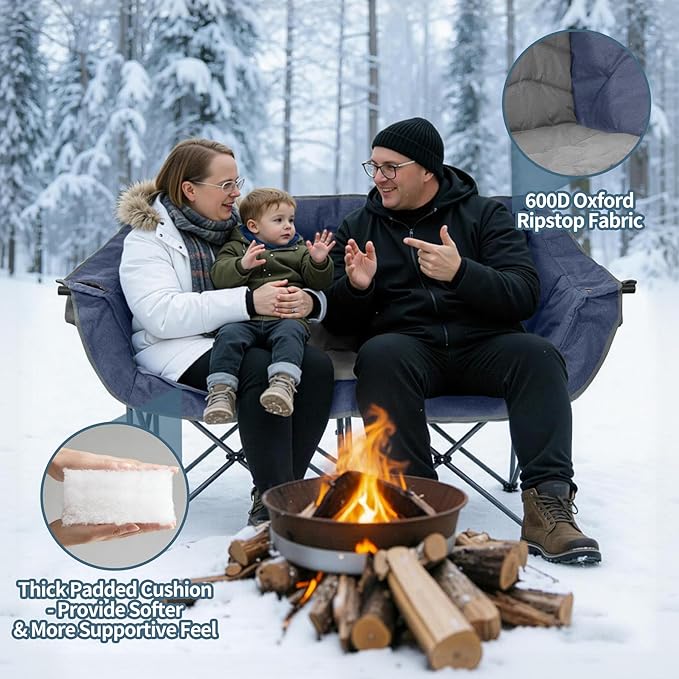 Oversized Double Camping Chair for Adults - Heavy Duty Folding Loveseat Support 700 lbs, Extra Wide 2 Person Camping Couch with Thick Padding, Cup Holders & Storage Bag, Blue