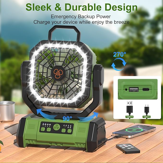 Honesorn Portable Rechargeable Fan 20000mAh, Camping Fan with LED Light & Remote, USB C Cordless Battery Powered, 4 Speeds Timer Hanging Hook for Travel Tent Outdoor Essentials - Green