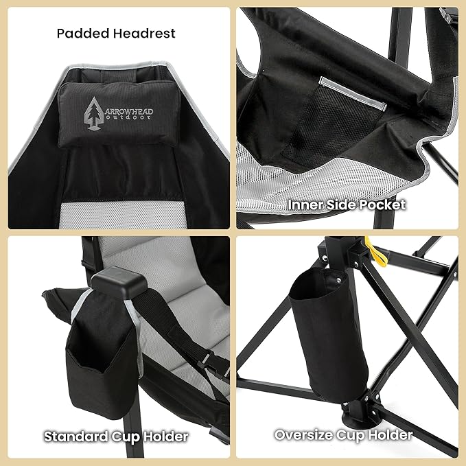 Arrowhead Outdoor Folding Hammock Camp Chair with Detachable Footrest, Stabilized Feet, Padded Headrest and Seat, Large Cup Holders, 300 LBS Weight Capacity, for Camping, Beach, Tailgating