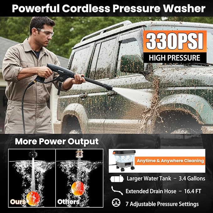 Portable Cordless Pressure Washer with 3.4-Gallon Tank, 6-in-1 Nozzle, Max 330PSI, 30000mAh Lithium Battery, Portable Sprayer Washer for Home, Camping, and Pet Cleaning