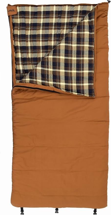 ALPS OutdoorZ Redwood -10°F Flannel-Lined Sleeping Bag with Cotton Canvas Shell, Heavy-Duty Zippers, Oversized Rectangle Design, Cold Weather Camping & Hunting Gear