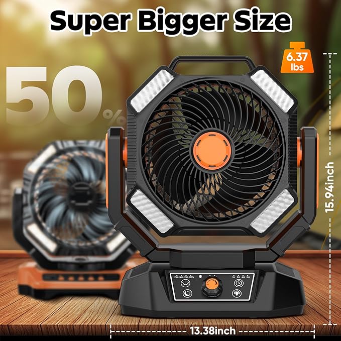 40000mAh Camping Fan, 8 Speed Powerful Battery Powered with 120H Max Cooling, Auto Oscillating with LED Lantern, Portable Rechargeable Fan with Charger, Remote Control for Camping Jobsite Outages