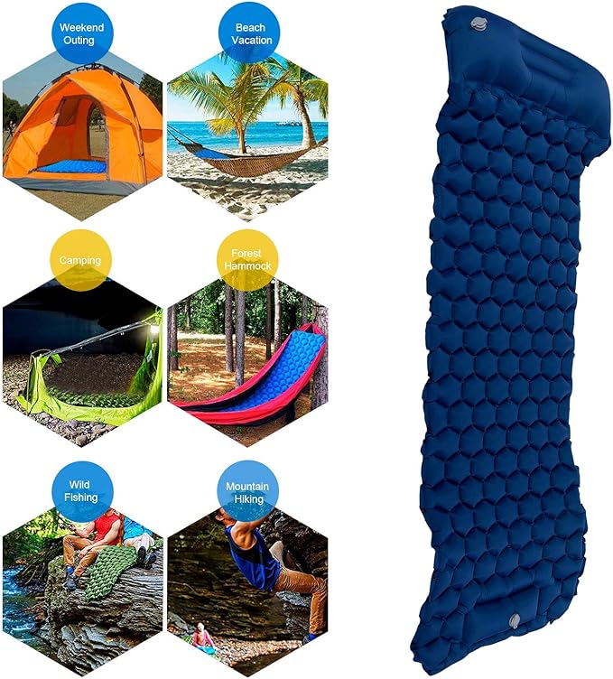 Camping Sleeping Pad Mat | 40D Nylon Fabric & TPU Laminate | Inflatable Cushion Mattress for Tent/Hiking/Travel | 2 - Way Valve, 700g Lightweight (Navy Blue)