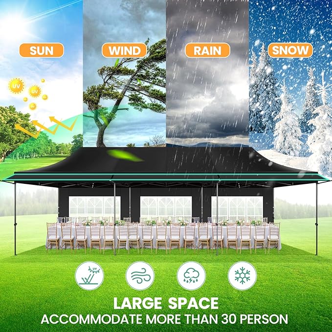COBIZI 10x30 Pop Up Canopy Tent with Awning & Sidewalls, Heavy Duty Commercial 10X30 Canopy Tents Instant Waterproof, UPF 50+ Sun Shade for Outdoor, Parties, Markets Black