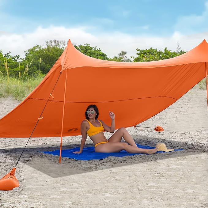 Red Suricata Family Beach Tent & Canopy, UPF50 Sun Shade, 4 Aluminum Poles, Sand Shovel, Large Portable Sun Shelter (Large, Orange)