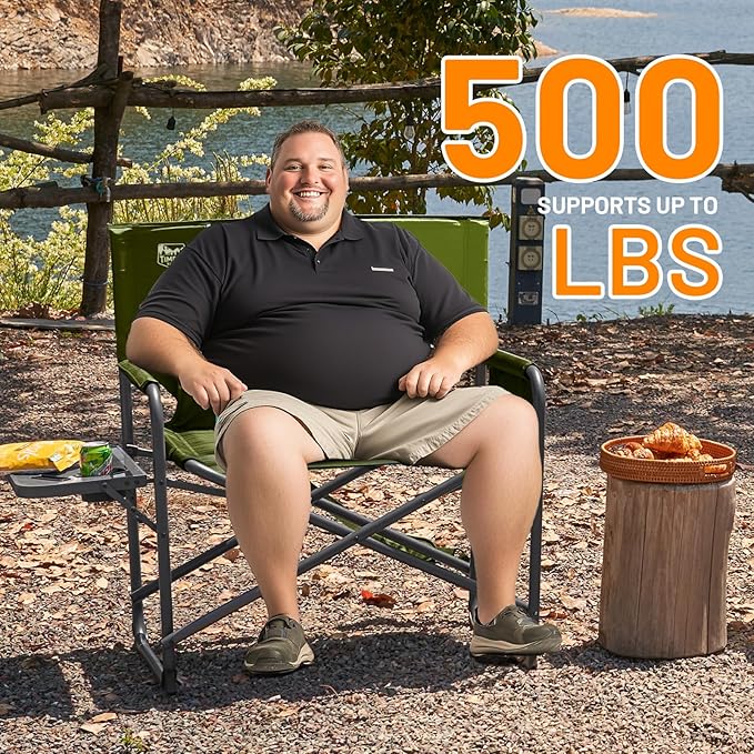 Timber Ridge XXL Extra Wide Foldable Directors Chair with Side Table, 500 lbs Heavy Duty Camping Chairs for Adults, Oversized Folding Lawn Chair for Lawn Beach Sports Outdoor, Blue