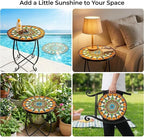 Set of 2 Mosaic Outdoor Side Tables Round, 15 Inch Height - Small Patio Table Set, Foldable Sun Pattern Metal Plant Stands for Garden, Balcony & Yard (Mosaic Sun, 2 Pack)