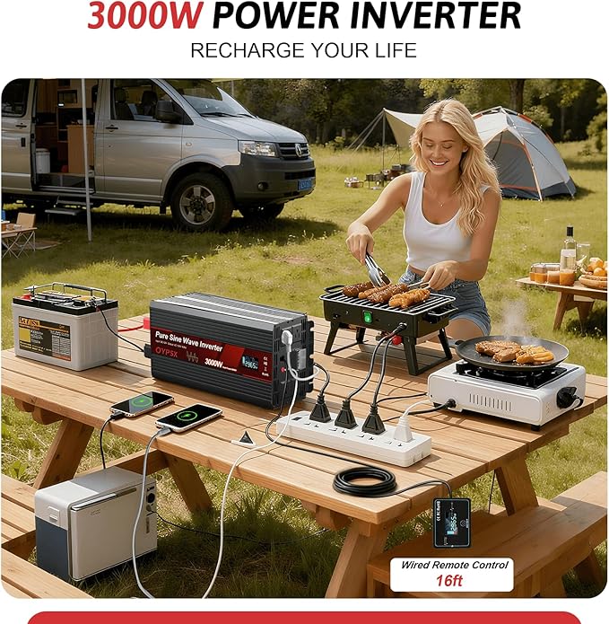 3000W Power Inverter 24V to 110V 120V AC Pure Sine Wave Inverter for RV Truck Camping,Outdoor Off-Grid Power Converter with LCD Display,Wired Controller,AC Outlets USB Ports(24V-3000Watts)