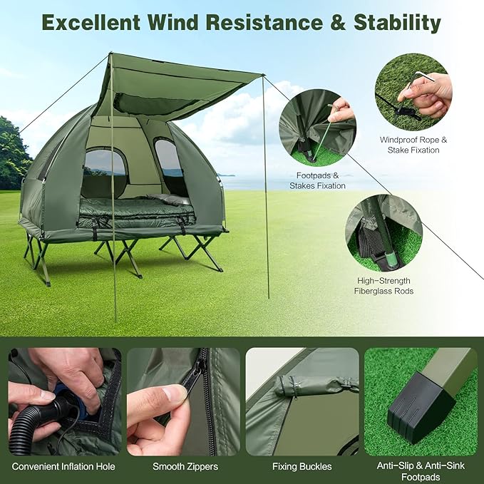 Goplus Camping Tent Cot, 5-in-1 Folding Camping Bed with Awning, Air Mattress, Sleeping Bag, Bedspread, Off Ground Elevated 1-2 Person Cot Tent with Carrying Bag, Air Pump for Camping Picnic Outdoor