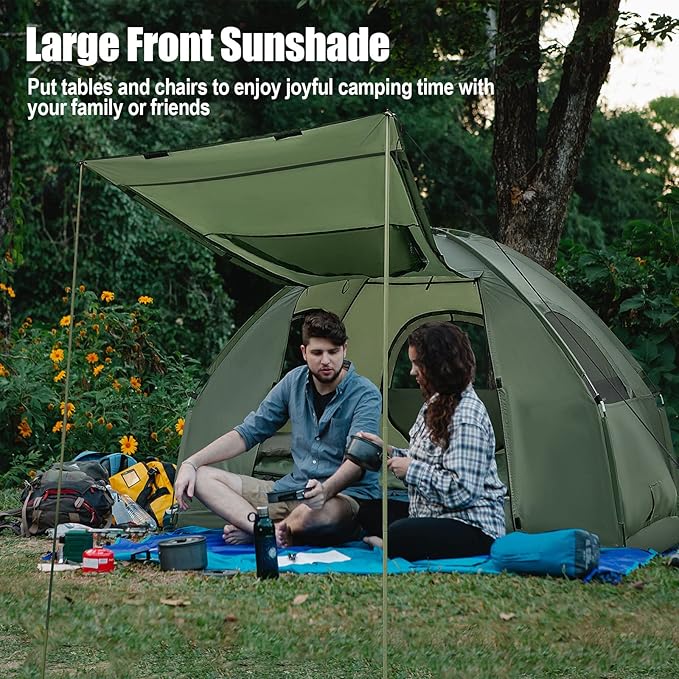 Goplus Camping Tent Cot, 5-in-1 Folding Camping Bed with Awning, Air Mattress, Sleeping Bag, Bedspread, Off Ground Elevated 1-2 Person Cot Tent with Carrying Bag, Air Pump for Camping Picnic Outdoor