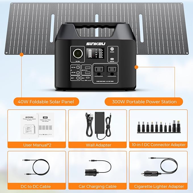 SinKeu Portable Power Station 300W with 40W Solar Panel,256Wh Solar Generator LiFePO4 Battery with USB DC AC Outlet for Outdoor,Off-Grid Living,RV,Emergency