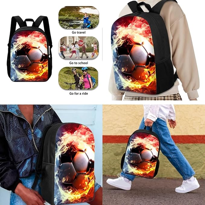 3PCS Football Fire Print Kids School Bag Set, Waterproof Daypack Knapsack Insulated Lunch Tote Bag Pen Case Organizer for Hiking