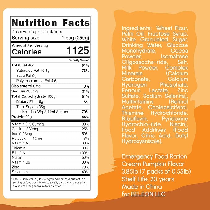 Emergency Food Supply - Cream Pumpkin Survival Ration - 20 Years Shelf Life - 7 Days