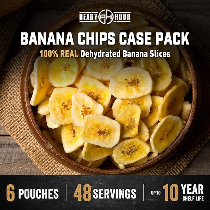 Ready Hour Banana Chips Case Pack – Emergency Snacks, Dehydrated Fruit, Long-Term Storage, Crunchy Banana, Survival Food, Prepper Pantry, Bulk Shelf-Stable Fruit– 48 Servings (6 Pouches)