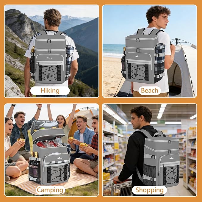 Cooler Backpack, 40 Cans Insulated Lunch Backpack Picnic Backpack for Men&Women, Durable Cooler Bag with 2 Leak Proof Compartments for Picnic, BBQ Camping, Lunch, Beach, Hiking, Gray