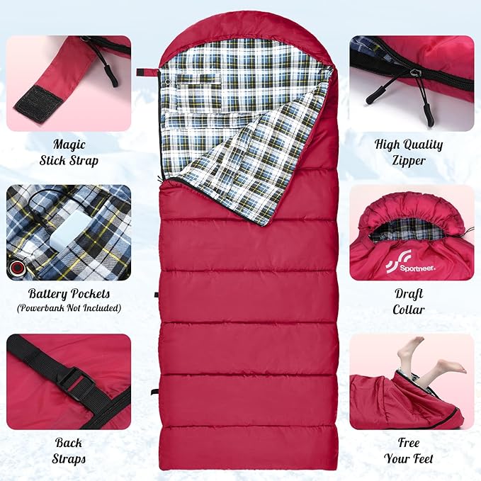 Sportneer Heated Sleeping Bag with 5 Heating Zones, Warm Flannel Cold Weather Sleeping Bag for Adults, 3 Heat Levels USB Powered (Power Bank Not Included), Winter Camping & Outdoor Hiking