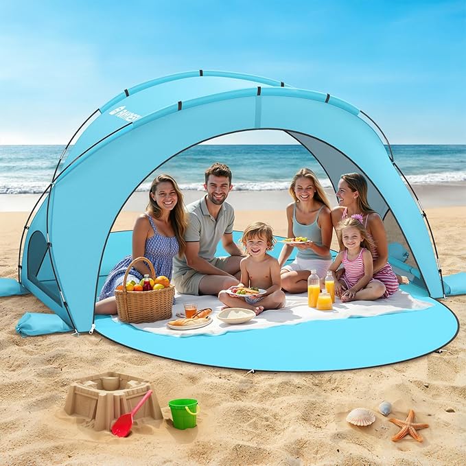 Beach Tent Sun Shelter, Beach Shade Tent with UPF50+ UV Protection, Sun Shelter for 1-6 Person, Beaches Shade with 2 Zippered Doors, Portable Tents for Camping Fishing, Light Blue