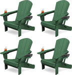 KINGYES Folding Adirondack Chair Set of 4, Dual Cup Holders & All-Weather HDPE, Wood-Like Patio Chair for Backyard, Camping, Pool & Fire Pit, Dark Green