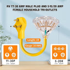 30 Amp to 110V 20 Amp RV Power Adapter,NEMA TT-30P Male to 3x5-15R/20R Household Outlets Splitter with LED Indicator,3-Way 120V Electrical Y Adapter for RV Camping, Trailers, Home Garage Use
