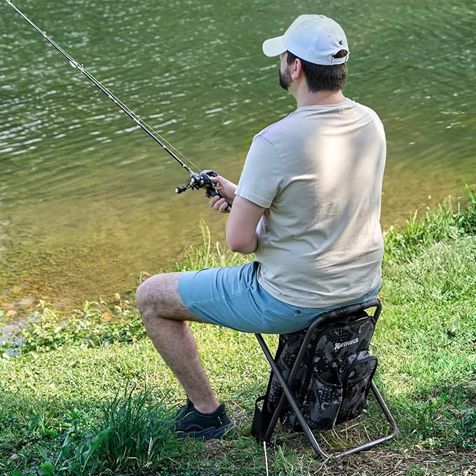X Strike Backpack Fishing Chair with Cooler Bag, Foldable Camping Stool for Adults up to 350 lbs, Portable Lightweight for Hunting, Hiking, Outdoors