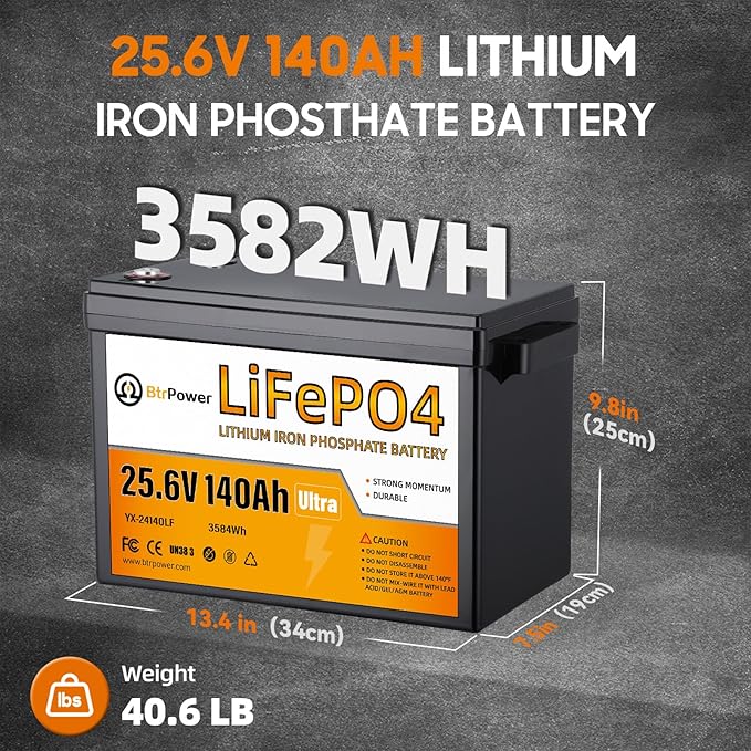 24V 140Ah LiFePO4 Lithium Battery,5000-15000 Cycles,3584Wh Energy,100A BMS,Smaller Size and Lighter Weight,Perfect for Trolling Motor,RV,Camping,Solar Home Off-Grid System