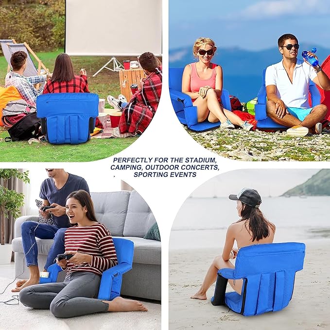 Wide Stadium Seat for Bleachers with Back Support -2 Pack Reclining Adults Camping Stadium Chair Extra Thick Cushion Bleacher Seats Waterproof Black