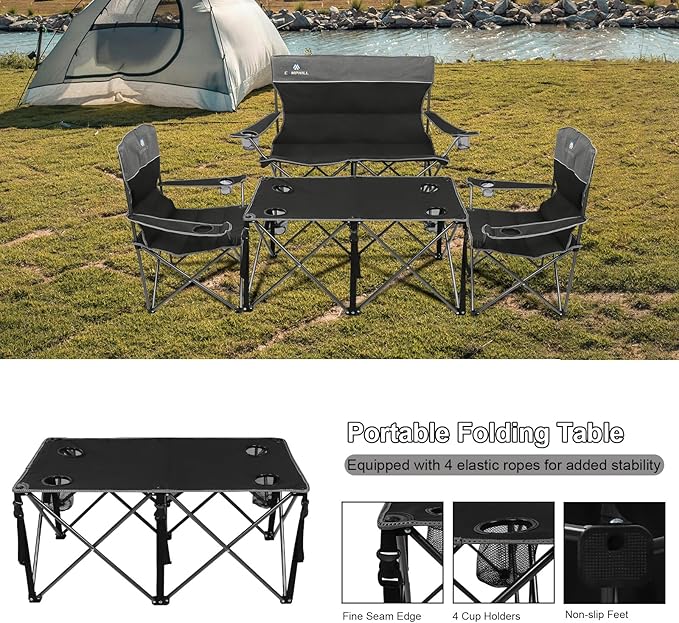 CAMPHILL Camping Chair Set of 3, Outdoor Folding Camping Chairs for Heavy People with Cup Holder & Carry Bag,Collapsible Chair Include One Sofa Chair and Two Single Chair,Support up to 500lbs