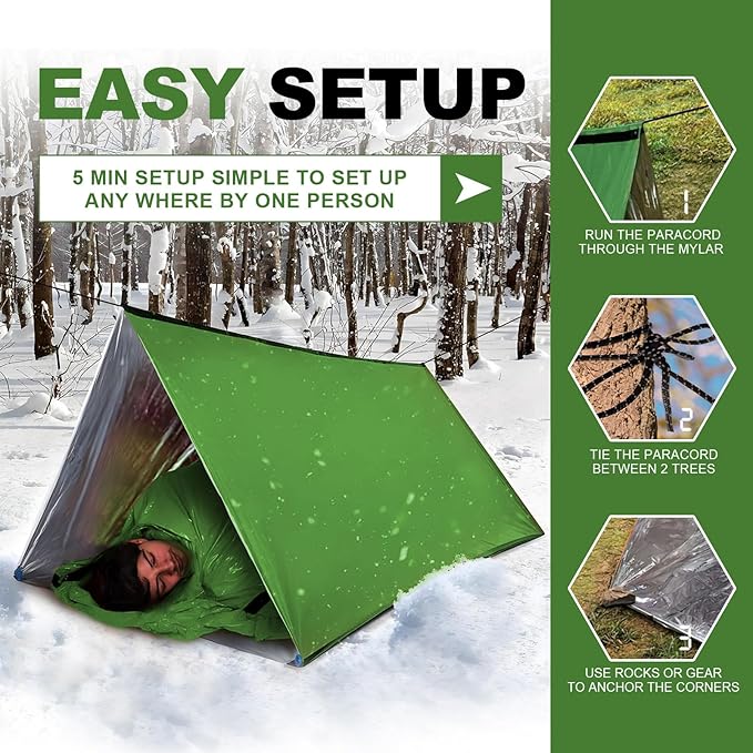 1-Pack Survival Life Tent - 1Person Mylar Shelter, Tube Tent with Paracord, All-Weather for Camping, Hiking, Survival Kits-Yellow