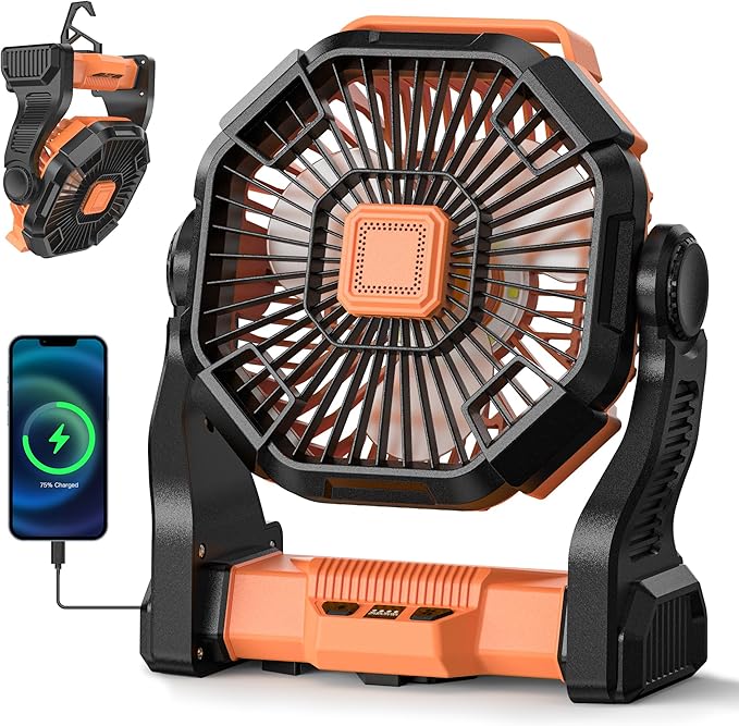 Camping Fan Battery Powered -20000mAh Portable Rechargeable Fans Light, Battery Operated Fan for Camping Hook 4 Speed Quiet Cordless USB Personal Cooling for Desk Home Beach Tent BBQ
