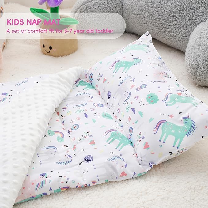 Bunnikins & Clover Toddler Nap Mat with Removable Pillow, Nap Mats for Preschool, Easy Clean Toddler Nap Pad for Kindergarten, Kids Sleeping Bag for Travel Camping