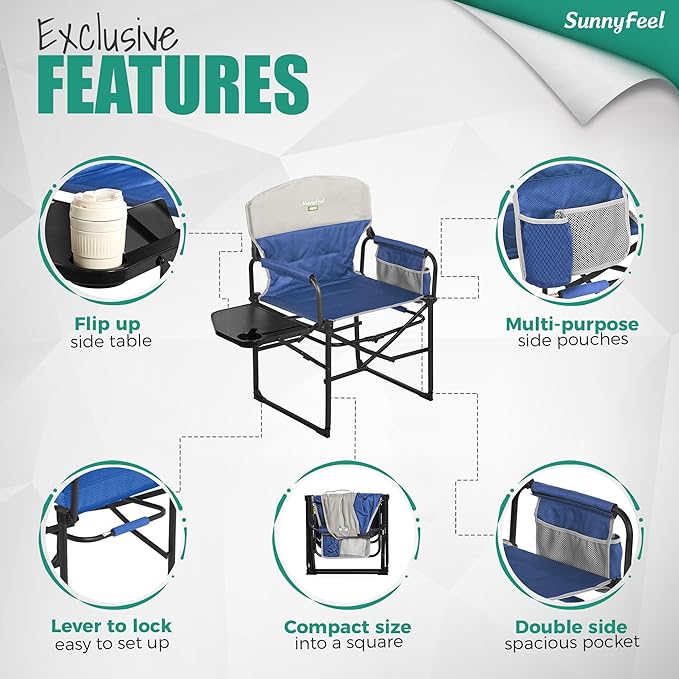 SUNNYFEEL Oversized Camping Directors Chair 2 Pack, Portable Folding Lawn Chairs for Adults Heavy Duty with Side Table,Pocket for Beach, Fishing,Picnic,Concert Outdoor, Foldable Camp Chairs