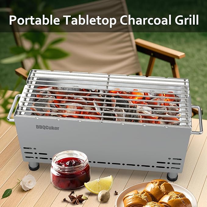 Portable Charcoal Grill,Heavy-Duty Stainless Steel Small BBQ Grill with Double-Layer Insulation Design,170 Sq. In. cooking Area,Tabletop Grill with Travel Bag for Outdoor Camping and Picnic