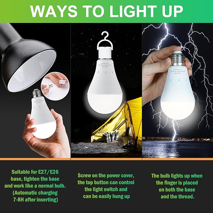 4 Pack Rechargeable Emergency Light Bulbs, Battery Powered LED Light Bulb 6000K Daylight E26 120 Volt 9W 60W Equivalent with 1200mAh for Home Power Outage Camping Hurricane