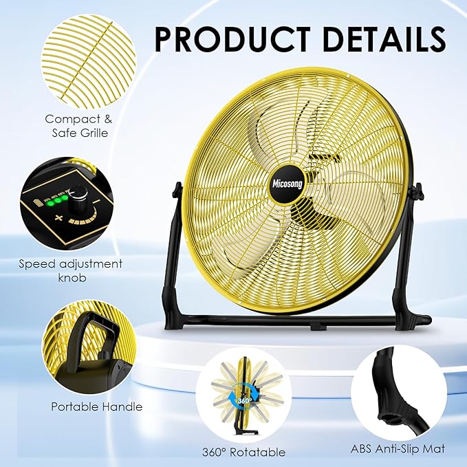 20'' Portable Battery Operated Fan, Cordless Camping Floor Fan Outdoor, Long Lasting Rechargeable Battery Powered Fan, 360° Tilt, USB Output, Wireless, for Home Gazebo Greenhouse Outside Gym