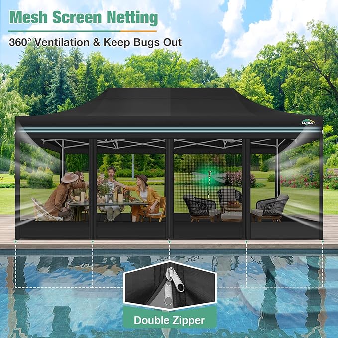 COBIZI 10x20 Canopy Tent, Heavy Duty Pop up Canopy with Sidewalls, Waterproof Easy Setup Canopy with Mosquito Netting, Outdoor Instant Screen Tents for Parties, Wedding with Roller Bag, Black