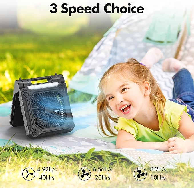 Solar Fan with LED Lantern - Battery Powered with Solar Panel, 90° Adjust, 3 Speed & Timer, 40Hrs Cooling, Rechargeable Battery Operated, Solar Powered for Camping Outdoor Fishing Travel RV Hurricane