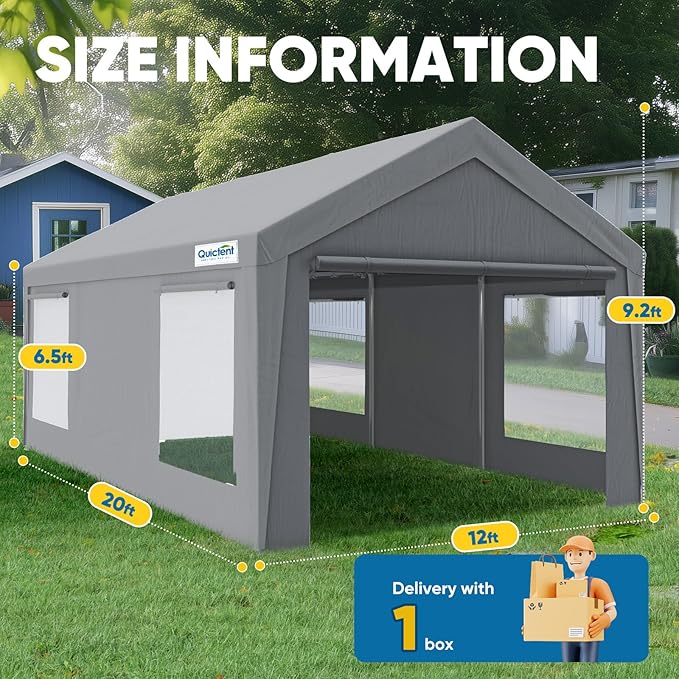 Quictent Upgraded 12x20 ft Heavy Duty Galvanized Carport - Reinforced Outdoor Garage Canopy Tent with Roll-up Ventilated Windows & Sidewalls, Weatherproof Shelter for Car, Boat, RV - Gray