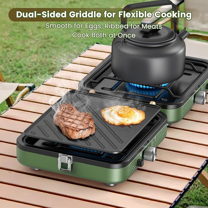OGERY 2-Burner Foldable Camping Stove with Griddle (Textured & Smooth) and Carrying Bag, Portable Propane Camp Stove with 2 Adjustable Burners & Piezo Ignition, for Camping Tailgating Essentials Gear