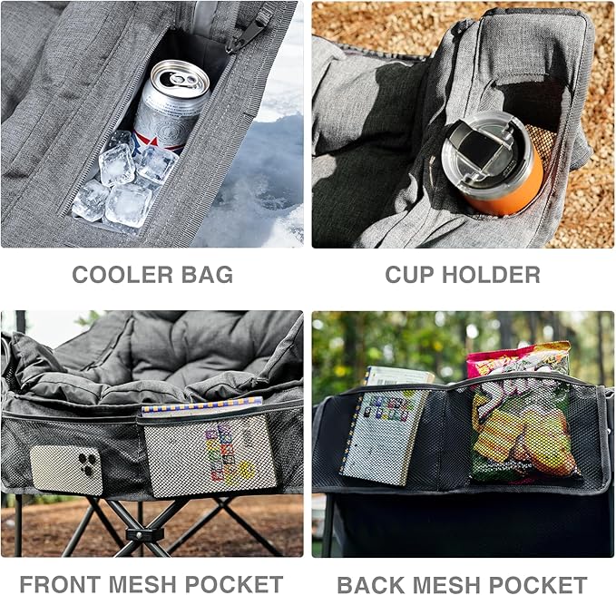 EVER ADVANCED 2 Set Camping Chair with Detachable Cushion, Mesh Chair for Adults Foldable, Oversized Heavy Duty Folding Chair with Cooler Mesh Pocket Cupholder Outdoor Fishing, Supports 400LBS Grey