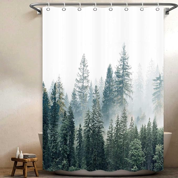 RV Shower Curtain Nature Forest Mountain Camper Shower Curtains for Travel Trailer Bathroom Woodland Tree Camping Bath Accessories Set with Hooks 48 x 72 Inches