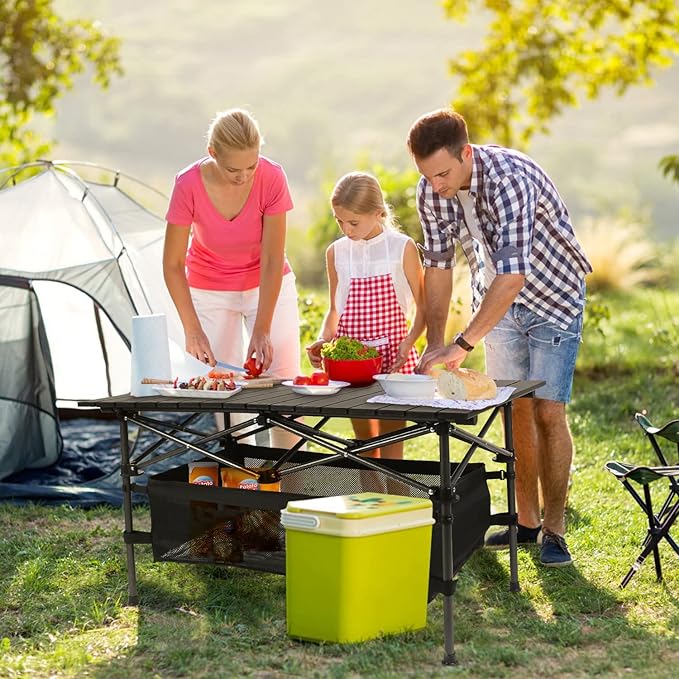 Folding Camping Table, Portable Aluminum Roll-up Lightweight Picnic Table with Large Storage Basket and Carrying Bag for Camping, Picnic, BBQ, Beach, Party, Backyard